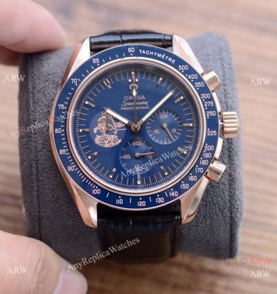 Copy Omega Speedmaster Apollo Chronograph Watch Black Leather Strap